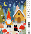 Cute Christmas Santa  and Black Cat in Snowy Forest, Whimsical Winter Illustration 132324290