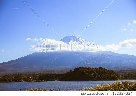 河口湖周圍的藍天、金色的芒草和覆蓋著雲層的富士山 132324324