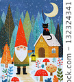 Cute Christmas Santa Claus and Black Cat in Forest, Whimsical Winter Illustration 132324341