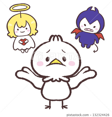 Illustration of a white bird deciding between an angel and a devil 132324426