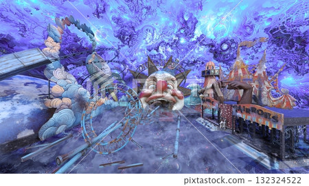 An amusement park with a large clown object 132324522