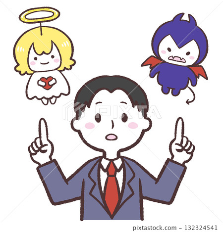 Illustration of a boy deciding between an angel and a devil Illustration of a boy deciding between an angel and a devil 132324541