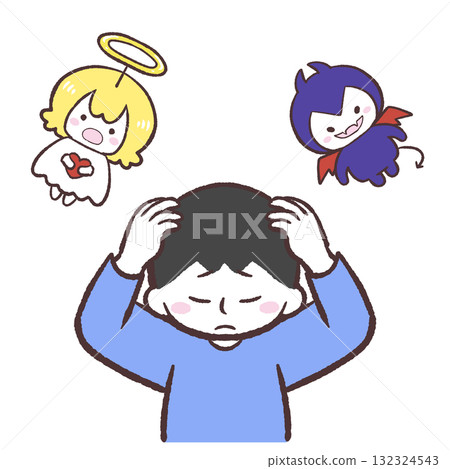 一名男子抬起頭,看著「魔鬼」和「天使」這兩個詞 一名男子抬起頭,看著「魔鬼」和「天使」這兩個詞 132324543