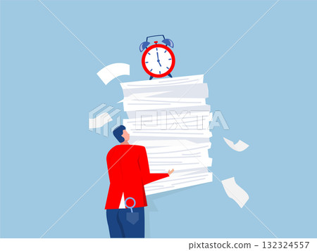 tired businessman carrying heavy documents paperwork with alarm clock deadline on top.Busy workload and deadline causing exhaustion and burnout, vector 132324557