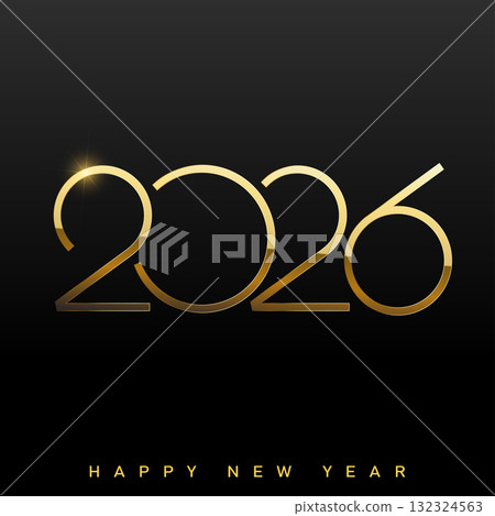 Elegant Happy New Year 2026 logo with golden thin line art and sparkle. Vector 132324563