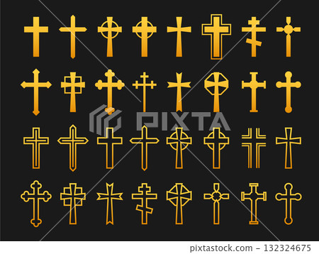 Golden crosses collection representing christianity and faith symbols set 132324675