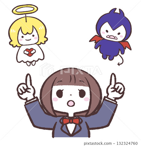 Illustration of a girl deciding between an angel and a devil 132324760