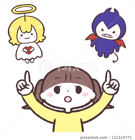 Illustration of a girl deciding between an angel and a devil Illustration of a girl deciding between an angel and a devil 132324771
