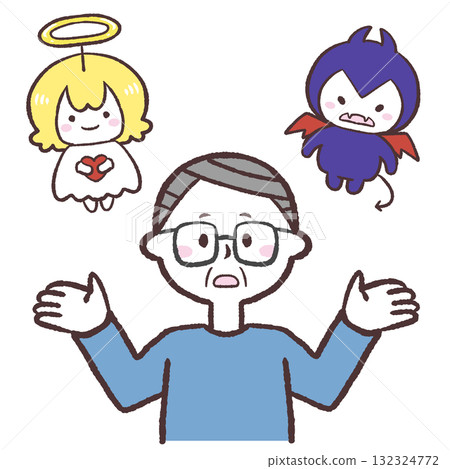 一位老人在天使和魔鬼之間做出抉擇的插圖 132324772