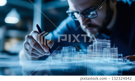 An architect brings architectural designs to life with 3D holographic construction models. Generative AI. An architect brings architectural designs to life with 3D holographic construction models. Generative AI. 132324842