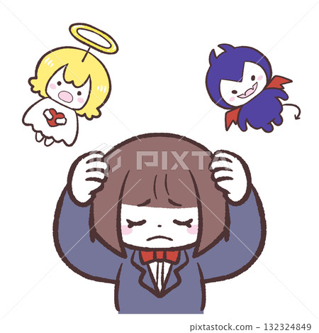 Illustration of a girl holding her head over the words devil and angel Illustration of a girl holding her head over the words devil and angel 132324849