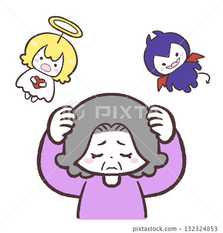 Illustration of a senior woman holding her head over the words devil and angel Illustration of a senior woman holding her head over the words devil and angel 132324853
