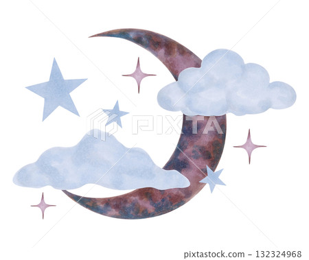 Crescent moon with soft clouds and stars. Watercolor illustration. Celestial composition of a night atmosphere, a dream. Hand drawn isolated art. Cartoon childrens sketch for a bedroom, bedding 132324968