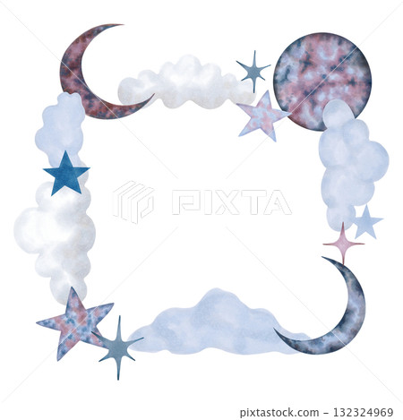 Square celestial frame with a full moon, crescent moon, stars, clouds. Watercolor illustration of cosmic, air elements. Hand drawn isolated art. Cartoon children's background for invitations, prints 132324969
