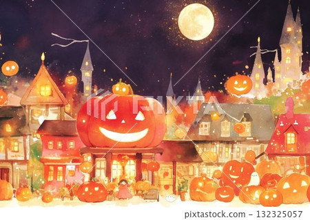 Pumpkin town lit up on a full moon night illustration 132325057