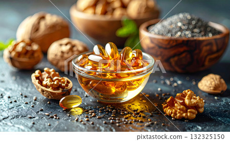 A clear glass bowl filled with golden omega-3 capsules surrounded by chia seeds, walnuts, and wooden utensils on a rustic table. The warm lighting highlights natural health and nutrition 132325150