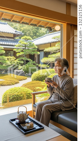 一位老年婦女一邊欣賞日式花園一邊品茶 132325156