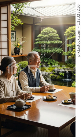 一對夫婦一邊欣賞日式花園，一邊享受下午茶時光 132325216