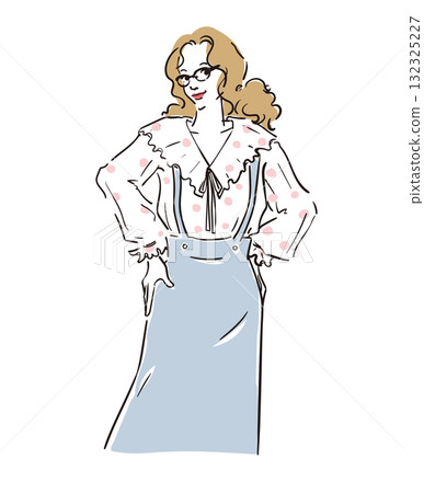 A woman with curly hair and glasses in casual girly fashion A woman with curly hair and glasses in casual girly fashion 132325227