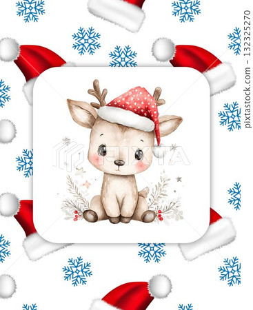Cute Baby Reindeer with Santa Hat  Adorable Christmas Watercolor Illustration 132325270