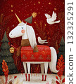 Whimsical Christmas Unicorn in Red Forest Magical Winter Holiday Illustration 132325291