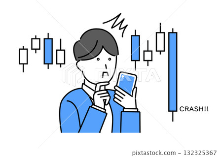 一名年輕人在看智慧型手機時驚訝地發現股市崩盤 132325367