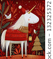 Whimsical Christmas Unicorn in Red Forest  Magical Winter Holiday Illustration 132325372