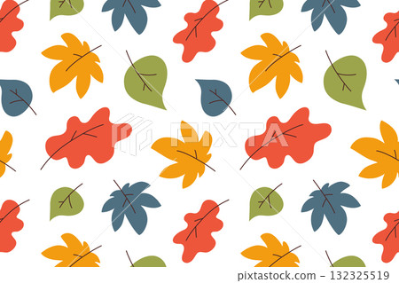 Seamless pattern with colorful autumn leaves of oak and maple, flat cartoon vector illustration for seasonal design, nature decoration, fall fabric and background, isolated colored clipart Seamless pattern with colorful autumn leaves of oak and maple, flat cartoon vector illustration for seasonal design, nature decoration, fall fabric and background, isolated colored clipart 132325519