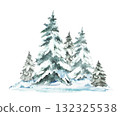 Winter Landscape with snow covered green spruces firs. Watercolor realistic Snowy Hills, snowdrifts and frosty evergreen forest. Hand drawn illustration isolated from the background. New Year card.  132325538