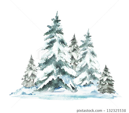 Winter Landscape with snow covered green spruces firs. Watercolor realistic Snowy Hills, snowdrifts and frosty evergreen forest. Hand drawn illustration isolated from the background. New Year card. Winter Landscape with snow covered green spruces firs. Watercolor realistic Snowy Hills, snowdrifts and frosty evergreen forest. Hand drawn illustration isolated from the background. New Year card. 132325538