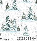 Watercolor Spruce tree snow covered, snowfall landscape seamless pattern. Snowy Hills, snowdrifts and frosty evergreen fir forest. Hand drawn illustration isolated from background. Christmas fabric 132325540