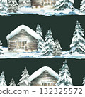 Winter landscape snow covered cabin with snowy spruce tree watercolor seamless pattern. Wooden house and Christmas fir realistic hand drawn illustration Fabric design on isolated dark green background 132325572