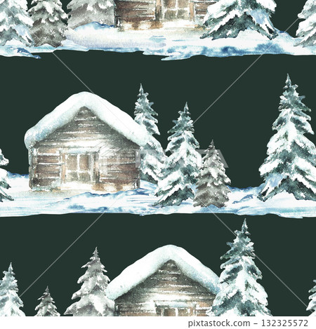 Winter landscape snow covered cabin with snowy spruce tree watercolor seamless pattern. Wooden house and Christmas fir realistic hand drawn illustration Fabric design on isolated dark green background Winter landscape snow covered cabin with snowy spruce tree watercolor seamless pattern. Wooden house and Christmas fir realistic hand drawn illustration Fabric design on isolated dark green background 132325572