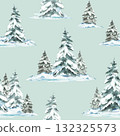 Winter Landscape with snow covered spruces firs trees seamless pattern. Snowdrifts and frosty evergreen forest watercolor painted illustration on isolated green coloured background. New Year fabric 132325573
