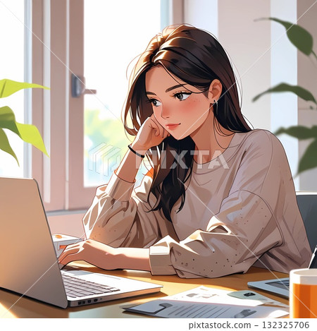 在室內使用筆記型電腦的女人 132325706