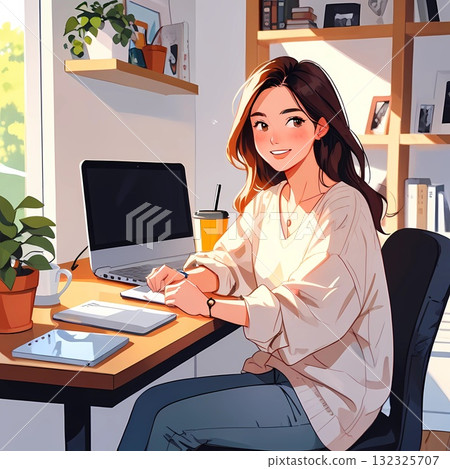 一位女士一邊喝咖啡一邊工作(室內) 一位女士一邊喝咖啡一邊工作(室內) 132325707