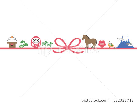 New Year's card 2026 - Simple illustration of Mizuhiki, horse, and auspicious items. Mizuhiki, Year of the Horse, materials, Mt. Fuji, Daruma, Kagami mochi 132325715