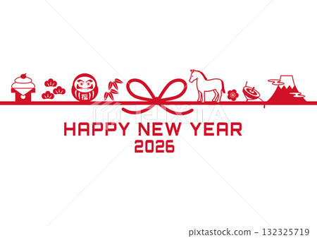 2026年新年賀卡 - 水引、馬和吉祥物品的簡單插圖。水引、馬年、材料、富士山、達摩、鏡餅 2026年新年賀卡 - 水引、馬和吉祥物品的簡單插圖。水引、馬年、材料、富士山、達摩、鏡餅 132325719