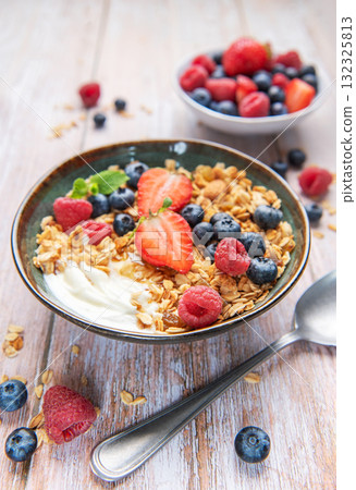 Healthy breakfast bowl with granola, yogurt and fresh berries Healthy breakfast bowl with granola, yogurt and fresh berries 132325813