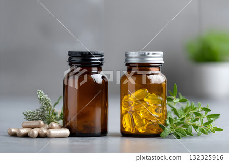 Herbal and Omega-3 Supplements in Amber Glass Bottles 132325916