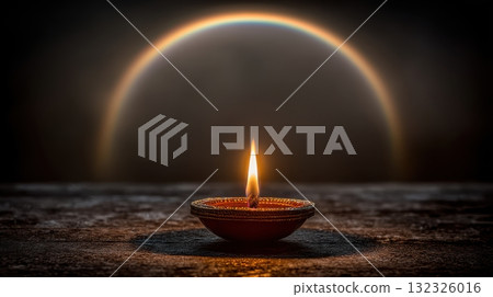 Illuminated Diya with Colorful Rainbow in Background during a Dark Moment 132326016