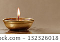Elegant Brass Oil Lamp with Flickering Flame on a Reflective Calm Surface 132326018