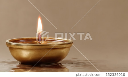Elegant Brass Oil Lamp with Flickering Flame on a Reflective Calm Surface 132326018
