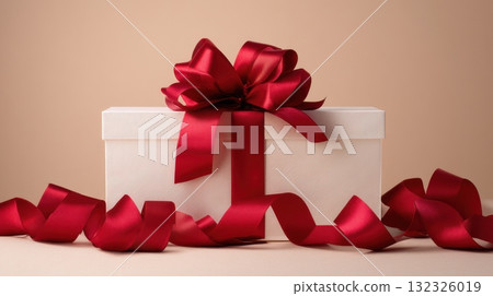 Elegant White Gift Box with Red Ribbon and Bow on a Soft Beige Background 132326019