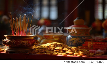 Incense Sticks Burning beside Gold Coins in a Serene Temple Setting 132326022