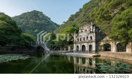 Serene Landscape with Historical Architecture and Lush Greenery by Tranquil Water Body 132326023