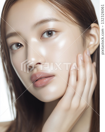 Close-up of a woman's face with moisturized skin after applying beauty serum Close-up of a woman's face with moisturized skin after applying beauty serum 132326061