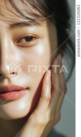 Close-up of a woman's face with moisturized skin after applying beauty serum 132326062