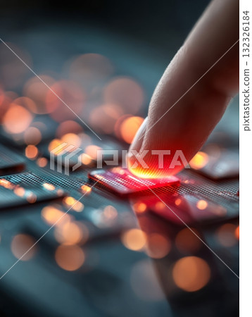 Finger touching futuristic glowing keyboard for cybersecurity access 132326184