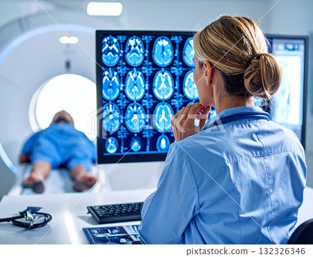 a doctor watching a CT scan on a screen in a doctor's office a doctor watching a CT scan on a screen in a doctor's office 132326346